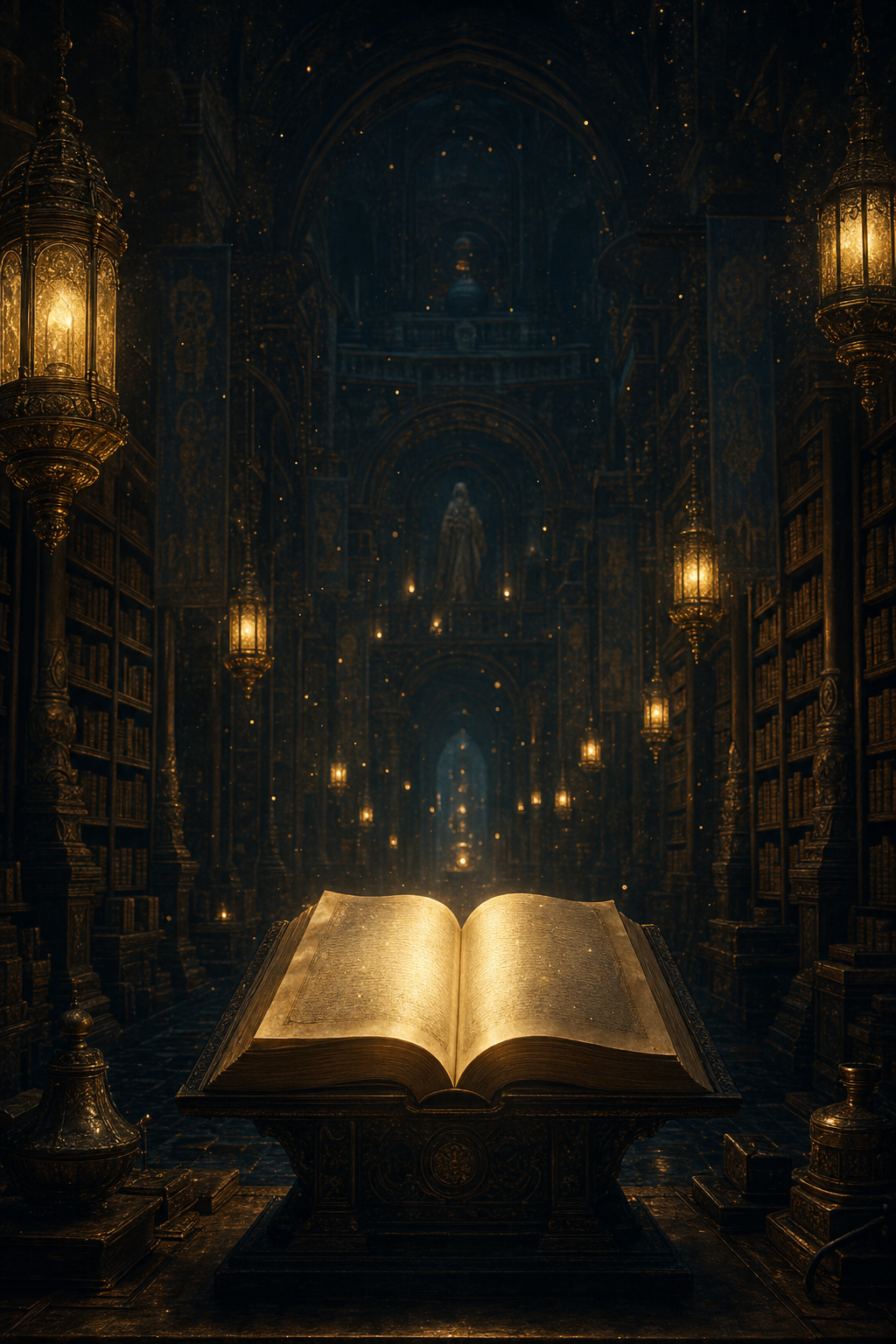 An eternal library lit by hanging lanterns, a single glowing open book on a lectern